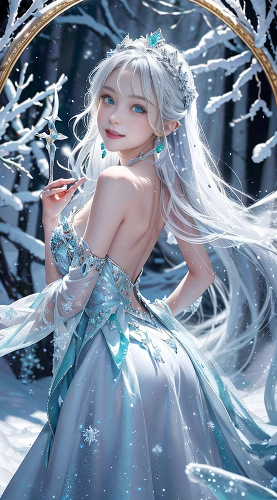 masterpiece, Best Quality, Ultra-detailed, 4K, Photorealistic:1.37, White snow, Princess, A landscape where snow is falling abundantly in the snowy, wilderness, with emerald-colored snowflakes twinkling in the air, pure princess, fairy tale stage, Magical atmosphere, storybook illustration, Mystical elements, Dark and light contrast, reflection, malice, magical forest creatures, sparkling stars, Mystical charm, (((Snowy landscape))), mirror shard, royal silver tiara, (Delicate snowflakes), Innocent beauty, mesmerizing eyes, Eerie sounding, Eerie silence, surreal compositions, (Dramatic Lighting), Fantasy Realm, Golden accent, Forbidden desires, Breathtaking details, Glass-like surface, magical transformation, cold stare, Undeservedly beautiful, Vibrant colors, Full body, Princess, 1 girl, , a baby face, white hair, I keep my hair up and short, ((A smile)), Off shoulder bare, Elegant gown, Detailed crystals and silver decorations, voluminous emerald dress, dynamic pose, Looking at the camera, back light,