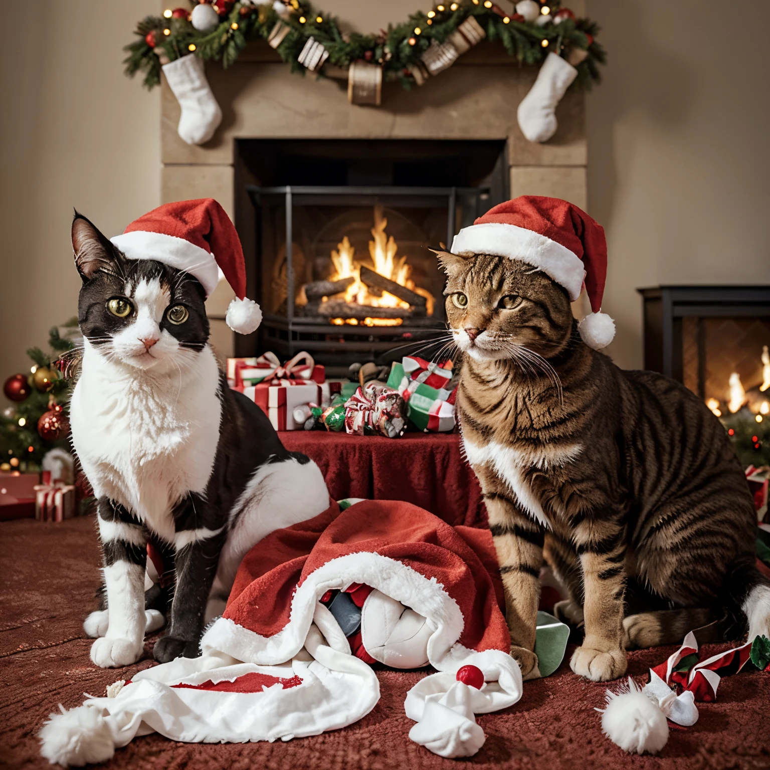 Setting:


Cozy living room corner: A warm fire crackles in the fireplace casting flickering shadows on the wall. A fluffy white Christmas tree adorned with twinkling lights and colorful ornaments stands proudly in the corner. Beneath it, nestled in a pile of presents wrapped in festive paper, are two adorable cats.

Props:


Matching red Santa hats: Perfectly perched on the heads of both cats, the hats add a touch of playful festivity to the scene.

Catnip-filled Christmas stockings: One cat paws excitedly at a plush stocking filled with catnip, its eyes shining with anticipation. The other cat, perched on the edge of the pile of presents, proudly displays a red ribbon tied to its tail.

A festive basket: Overflowing with colorful yarn balls, jingle bells, and feathered toys, the basket sits invitingly beside the cats, promising endless entertainment.

Activity:


Curious exploration: With eyes wide with wonder, the cats investigate the bounty of presents surrounding them. One cat carefully sniffs each wrapped box, its tail twitching with excitement. The other cat playfully bats at a dangling ornament, causing it to swing back and forth.

Playful interaction: The cats engage in a playful chase, rolling around the pile of presents and batting at each other's tails. Their joyful meows and excited purrs fill the air with festive cheer.

Snuggling for warmth: Exhausted from their playful antics, the cats curl up together in the basket, the warmth of the fire enveloping them. They purr contentedly, their tiny bodies intertwined in a perfect picture of feline affection.

Expression:


Sparkling eyes: The cats' eyes sparkle with mischief and excitement. Their playful antics and curious nature are evident in their every movement.

Contentment and joy: As the cats snuggle close, their peaceful expressions radiate warmth and happiness. Their gentle purrs and relaxed posture convey a sense of pure contentment.

Caption:


"These two adorable elves have been the definition of