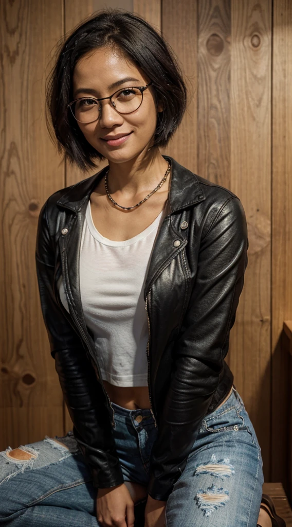 smiling woman with glasses and a black jacket with a white tshirt underneath and ripped jeans and black leather boots, chains hanging off her jeans, badass attitude, mischievous smile, straight black hair in a pixie cut haircut, petite body, mixed-race, south east asian with round face, bronze skin, maya takamura-hana yata-gemma chen-pilar-ayamin kojima-macoto takahashi-fujita goro-alanis guillen-hannah yata-jen zee-roxie vizcarra-masami suda-jenifer lewis-dominique tipper-keyshia cole-jada pinkett smith-uzo aduba-luciana carro merged, entire body visible