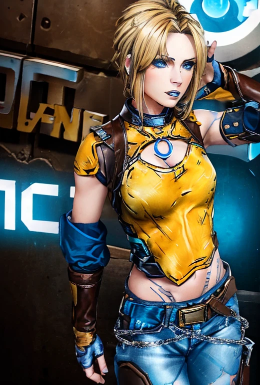 Masterpiece , 1FEMALE , solo , short blonde hair , blue eyes , wearing a brown leather jacket with a white shirt underneath , dark blue jeans , black boots , black fingerless gloves , silver necklace with a yellow crystal attached to it , chest straps , gun holder on left thigh , looking at the viewer , holding a pistol