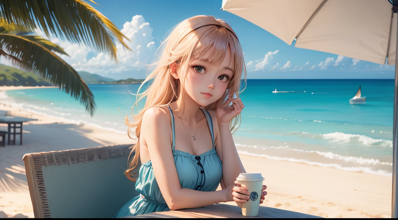 "Soothing Sea Breeze": Anime girl and cup of coffee in a tranquil beach scene with cool blues and sandy tones