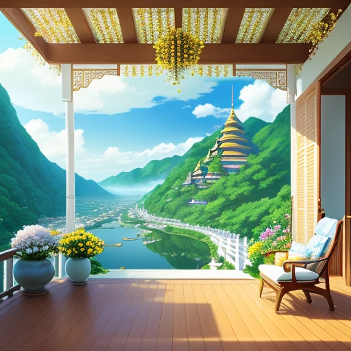 、beautifly、amazing landscape、with blue sky and white clouds、flower、Chii、、The lotus flowers,garden,vila,city,region,Yellow Temple、a paradise、a chair、a bed、Smoke、Fluttering Flag、Indoor, Red carpet,canopy,thai style,Resort、springtime、full bloom、flat land、celestial realm、Yellow roof、safety、railing、Serene