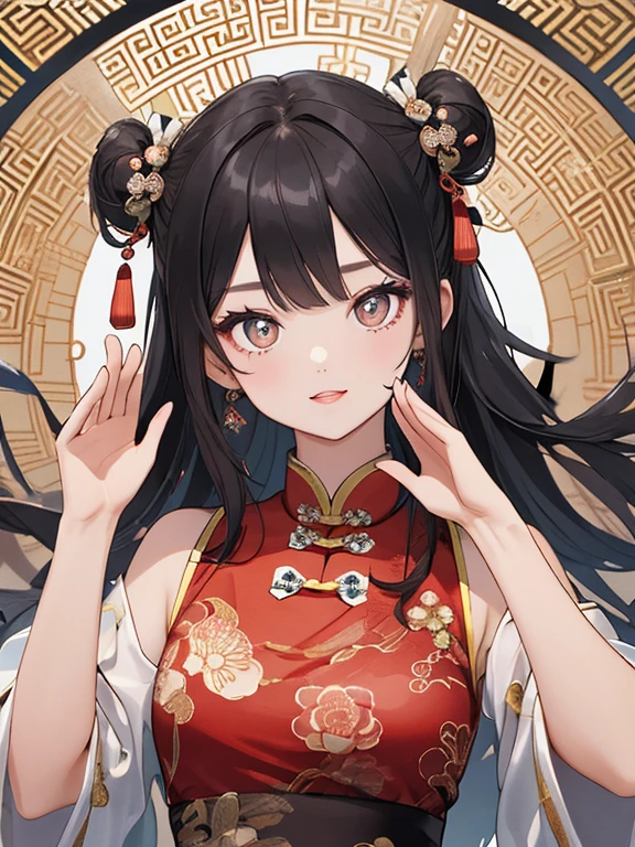 1girl, female kung fu master, soft and cute, innocent, round face , sparkly pupils, glossy lips, vivid gal makeup, wearing Chinese dress delicate geometric pattern , take signature pose, super cute