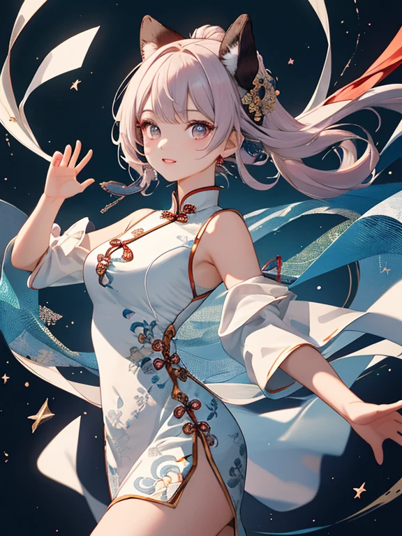 ((Masterpiece, best quality)), high resolution, 1 girl, qingque, smiling, :3, night sky, East Asian architecture, beautifully detailed cloud, action pose, perspective, Dutch angle, from below.