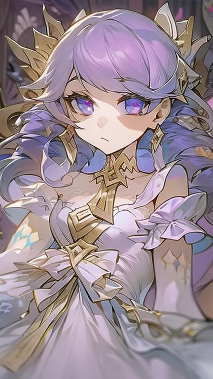 gwyn, 1 Sister, Little girl, scissors, Fighting posture, Extremely beautiful eyes，Heterochromatic pupil，Purple awakens left eye，serious expressions，White gorgeous princess dress，Lolita clothing style，extremely ornate decoration，floating gold ribbon，beautiful facial features，delicated face，