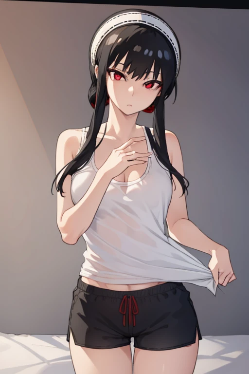 yorbriarratatata, yor briar ratatata, bangs, sidelocks, hairband, (red eyes:1.5), black hair,
BREAK cleavage, bare shoulders, Red tank top and black fitness dolphin shorts, collarbone, , Dolphin shorts
BREAK indoors, bed,
BREAK looking at viewer, (cowboy shot:1.5),
BREAK (masterpiece:1.2), best quality, high resolution, unity 8k wallpaper, (illustration:0.8), (beautiful detailed eyes:1.6), extremely detailed face, perfect lighting, extremely detailed CG, (perfect hands, perfect anatomy),