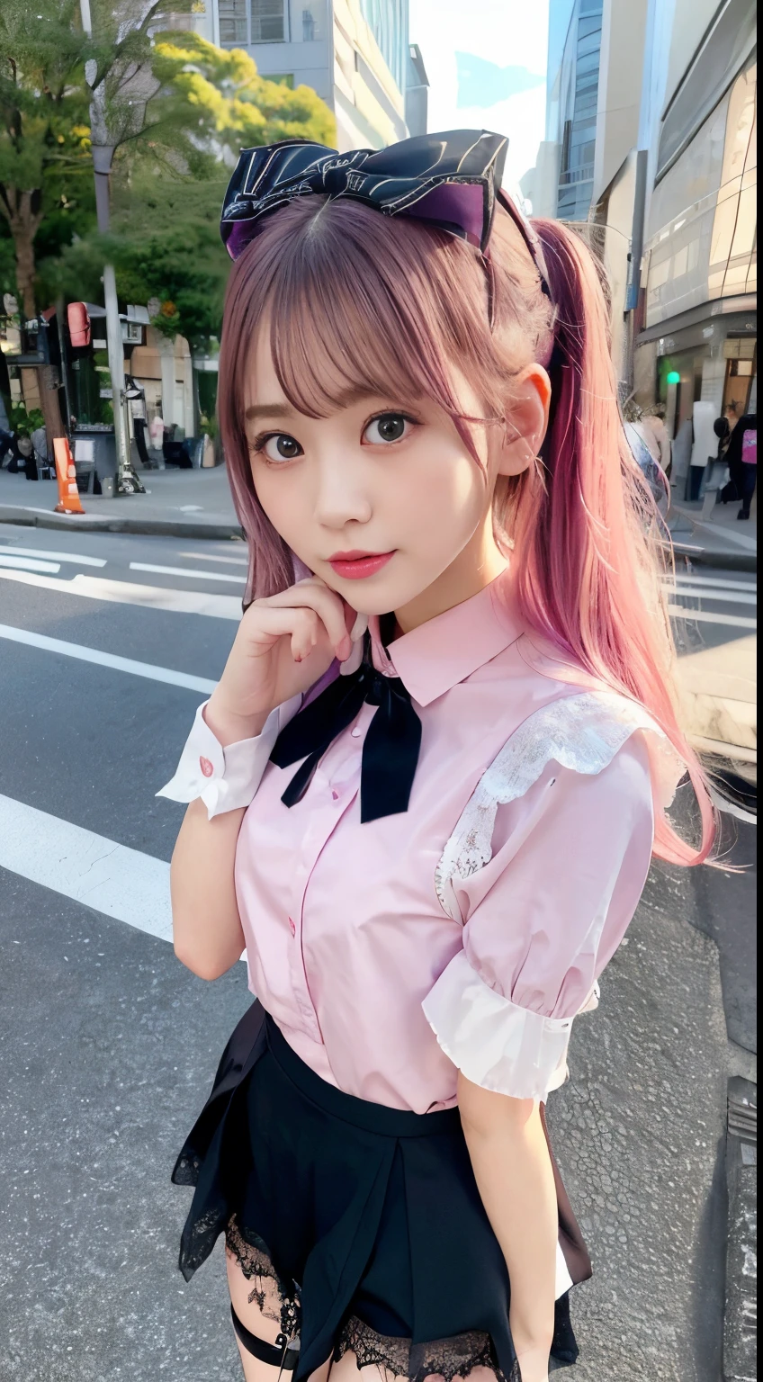 quality, hiqcgbody, extremely cute face, extremely detailed eyes, extremely detailed hair, extremely cute, extremely beautiful
BREAK
1girl, beauty face, cute, kawaii, big eyes
(Pale skin, white skin:1.2), (purple eyes:1.2)
20 years old, short stature, narrow waist
short hair, pastel pink hair, twintails, curly hair, (swept bangs:1.3), sidelocks, hair ribbon, black ribbon, lace ribbon, lace trim
Red eyeshadow, pink lips
BREAK
pink shirt, , jirai kei, black skirt, high-waist skirt, black bow, bow, long sleeves, choker, ribbon
zip side combat boots
(pink blouse with lace:1.2)
black tie ribbon
lace-trimmed legwear
black thighhighs
zettai ryouiki
BREAK
outdoors, street, shibuya 109
Break
{evil smile|evil grin}