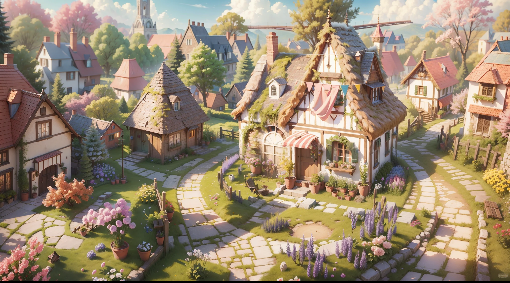 fairy tale picture book，mid-air，Ultra-wide angle of view，Fairy tale town，Many arc-shaped candy huts，in pink，sheerness，iris compit，a plant，high high quality，16K resolution，（Best quality），（tmasterpiece），ultra - detailed，Detailed details，ultra - detailed，ultra real photo，Overclocked renderer，Accurate