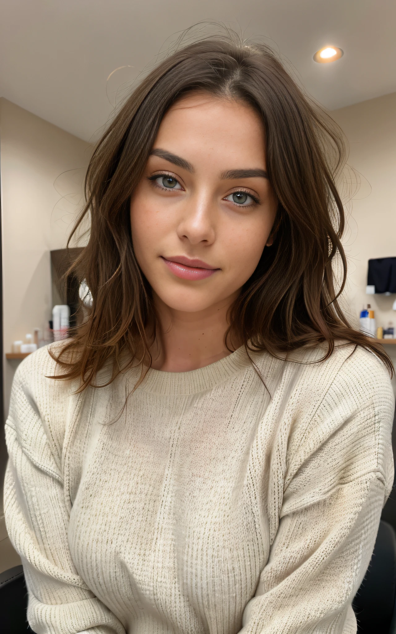 beautiful brunette wearing light beige sweater (taking care of nails in a modern beauty salon), very detailed, 21 years old, innocent face, natural wavy hair, blue eyes, high resolution, masterpiece, best quality, intricate details, highly detailed, sharp focus, detailed skin, realistic skin texture, texture, detailed eyes, professional, 4k, charming smile, shot on Canon, 85mm, shallow depth of field,  kodak vision color, perfect fit body, extremely detailed, foto_\(ultra\), photorealistic, realistic, post-processing, maximum detail, roughness, real life, ultra realistic, photorealism, photography, 8k uhd, photography