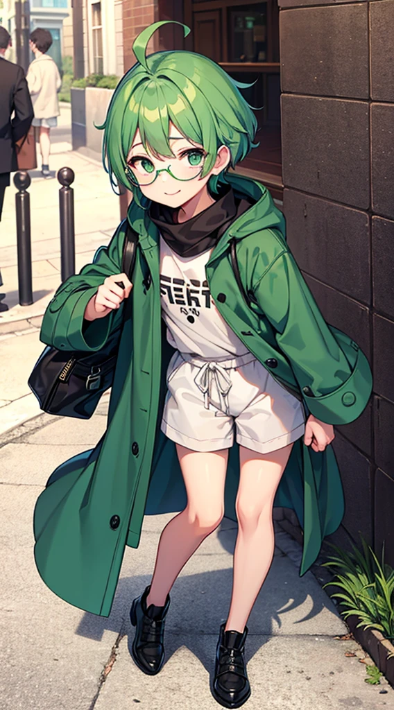 {{{{vulgarity}}}},{{{masterpiece}}}, {{{best quality}}}, {{ultra-detailed}}, {illustration}, {{an extremely delicate and beautiful}}, a boy, shoun, male child, green hair, short hair, green eyes, eye glass, Plump, disheveled hairstyle, Ahoge, childish, In the street, Revealing street fashion, a smile, baggy coat, hotpants