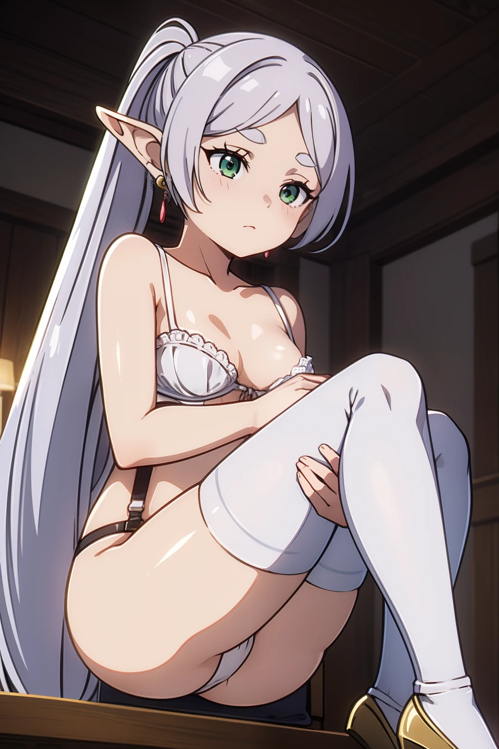 1girl, 1boy, princess carry, masterpiece, best quality, highly detailed, erotic, nsfw, naked body, beautiful body, white bra, white panties, white stockings and suspenders, sexy, high heels, 1girl,solo,elf,white hair,grey hair,earrings,pointy ears,long hair,ponytail,green eyes,twintails,parted bangs,thick eyebrows,