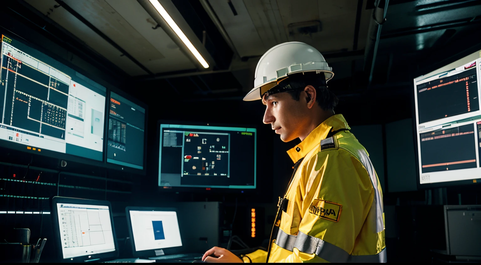 An engineer wearing illuminated safety jacket and white hard hat is in the SCADA control room with multiple digital screens for BESS plant.