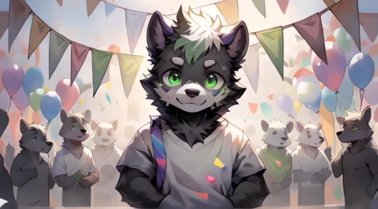 full body of a dog, he an older , he has grey and white fur, his fur split in the middle of his face, black fur on the left side of his face and white fur on the right side of his face, he has purple ears, he smiling, he has bright green eyes, the inside of his ears , he wearing a white t-shirt and a black jean, he Standing with hands in his pockets, he at his colorful birthday party that has confetti in the air,detailed face, very detailed eyes, he standing alone