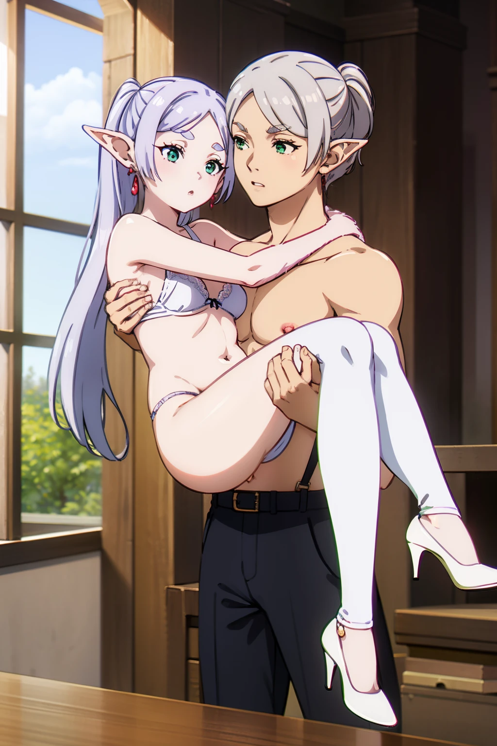 1girl, 1boy, princess carry, masterpiece, best quality, highly detailed, erotic, nsfw, naked body, beautiful body, white bra, white panties, white stockings and suspenders, sexy, high heels, 1girl,solo,elf,white hair,grey hair,earrings,pointy ears,long hair,ponytail,green eyes,twintails,parted bangs,thick eyebrows,