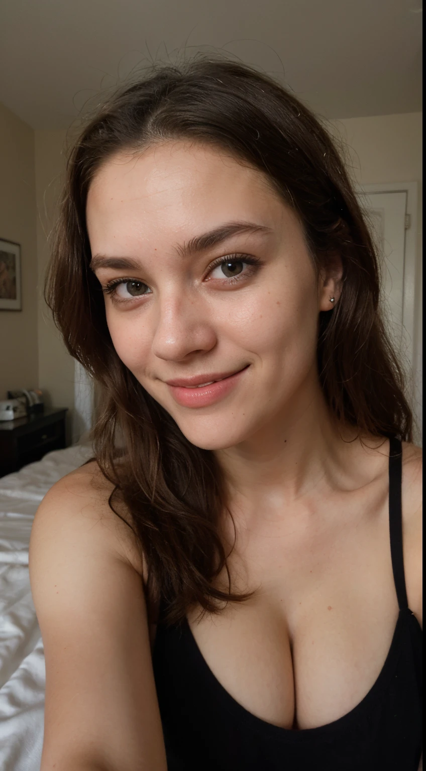 photography of a 20yo woman, perfect face, Samuel clothes, use the same face, masterpiece, same face, selfie style in bed, selfie, bed, very close, smiling
