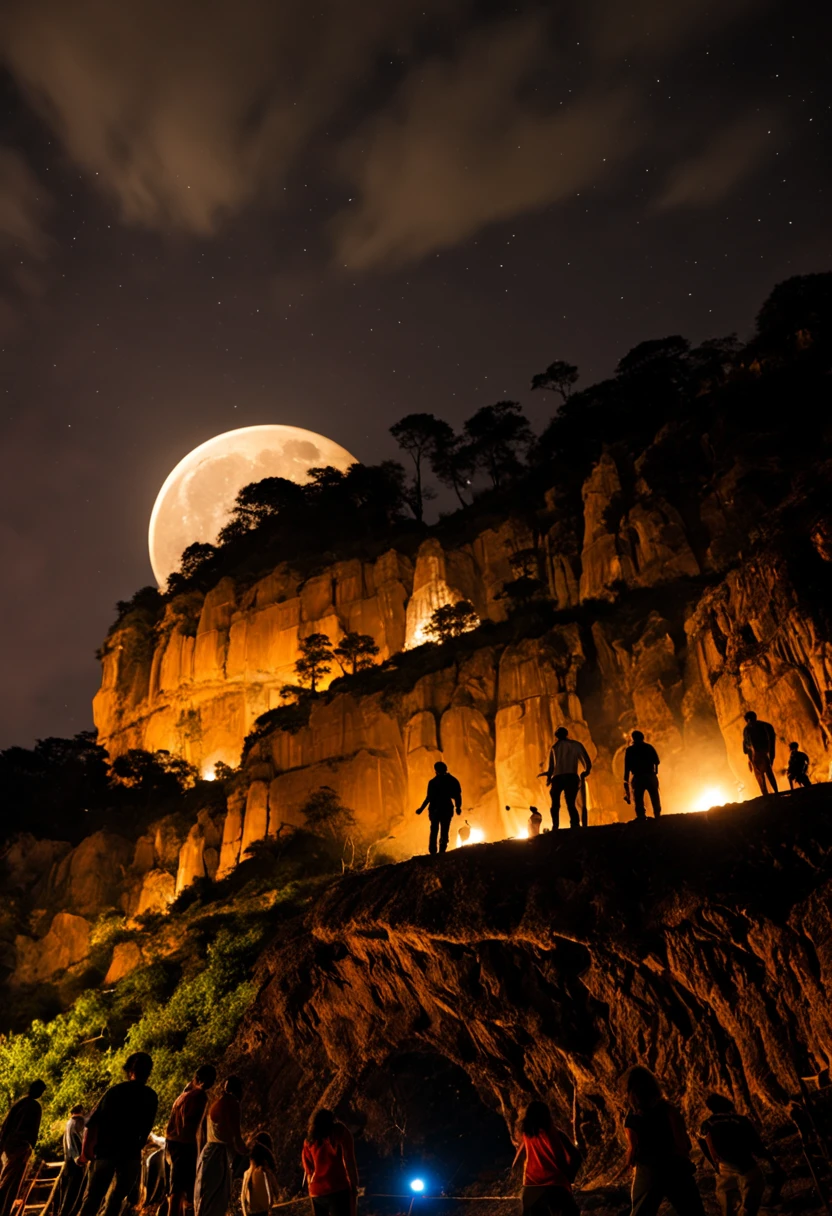 Morcegos selvagens e grandes voando das cavernas e passando em frente da lua.