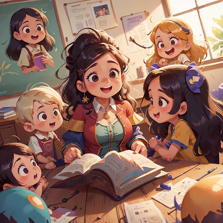 Professora com cabelo nos ombros, pelos amarelos, surrounded by several happy children playing, rosto feliz, (fundo ao ar livre) vista de corpo todo