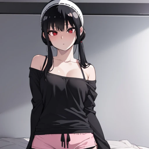 yorbriarratatata, yor briar ratatata, bangs, sidelocks, hairband, (red eyes:1.5), black hair,
BREAK cleavage, bare shoulders, White crop bra and pink fitness dolphin shorts, collarbone, , Dolphin shorts, visible through clothes
BREAK indoors, bed,
BREAK looking at viewer, (cowboy shot:1.5),
BREAK (masterpiece:1.2), best quality, high resolution, unity 8k wallpaper, (illustration:0.8), (beautiful detailed eyes:1.6), extremely detailed face, perfect lighting, extremely detailed CG, (perfect hands, perfect anatomy),