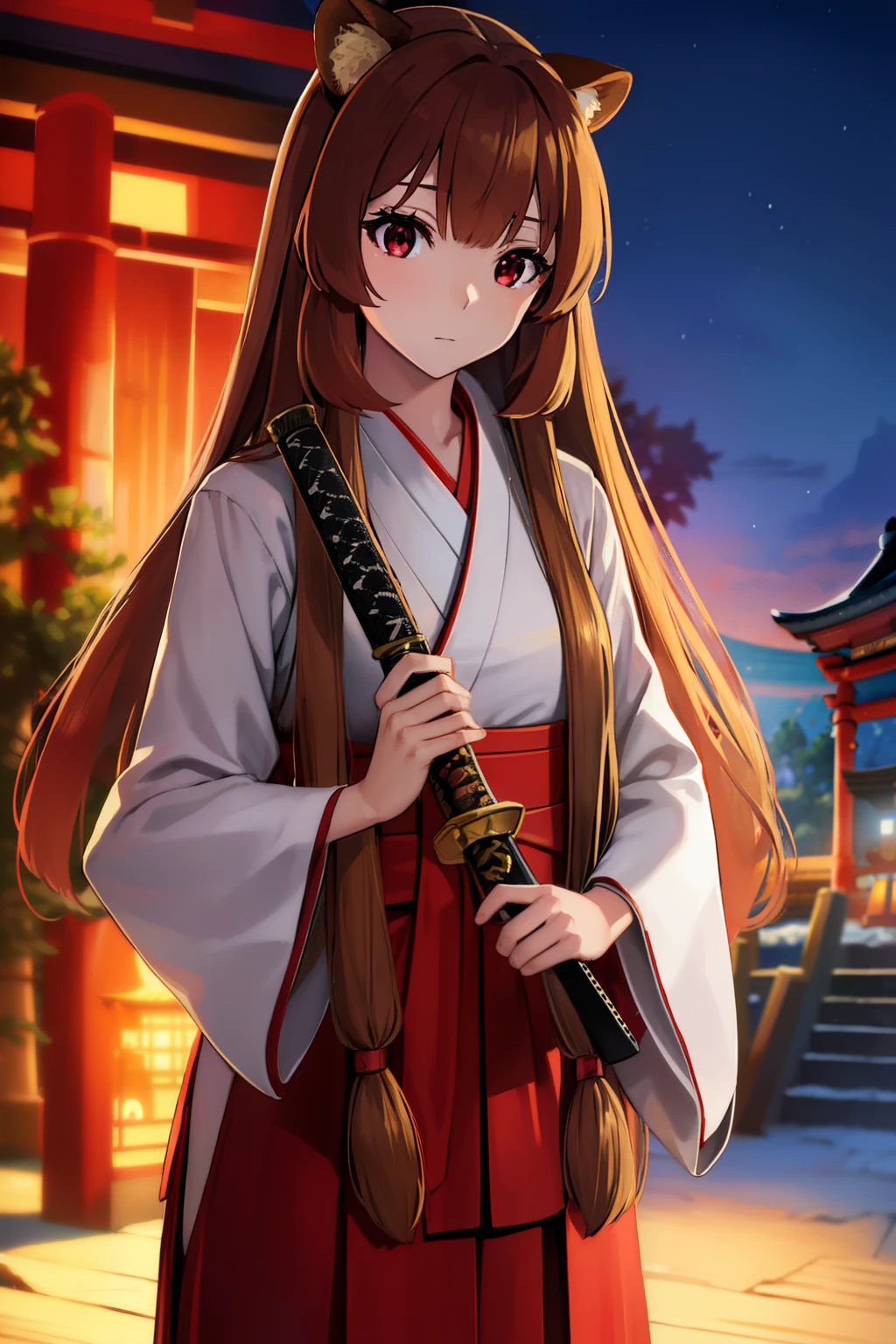 Raphtalia, Raphtalia, Animal ears, Brown hair, Long hair, raccoon ears, a racoon girl, racoon tail, (Red Eyes:1.5), tail,
(shrine maiden clothe:1.3), (Red Hakama:1.3)
a temple background, Nature, Sun, skyporn, (Cowboy Shot:1.4), Dynamic pose with a Japanese sword:1.4, (Hand holding a Japan sword:1.2), BREAK (masutepiece:1.2), Best Quality, High resolution, Unity 8k壁纸, (Illustration:0.8), (Beautiful detailed eyes:1.6), extra detailed face, Perfect Lighting, extremely details CG, (Perfect hands, Perfect Anatomy), (