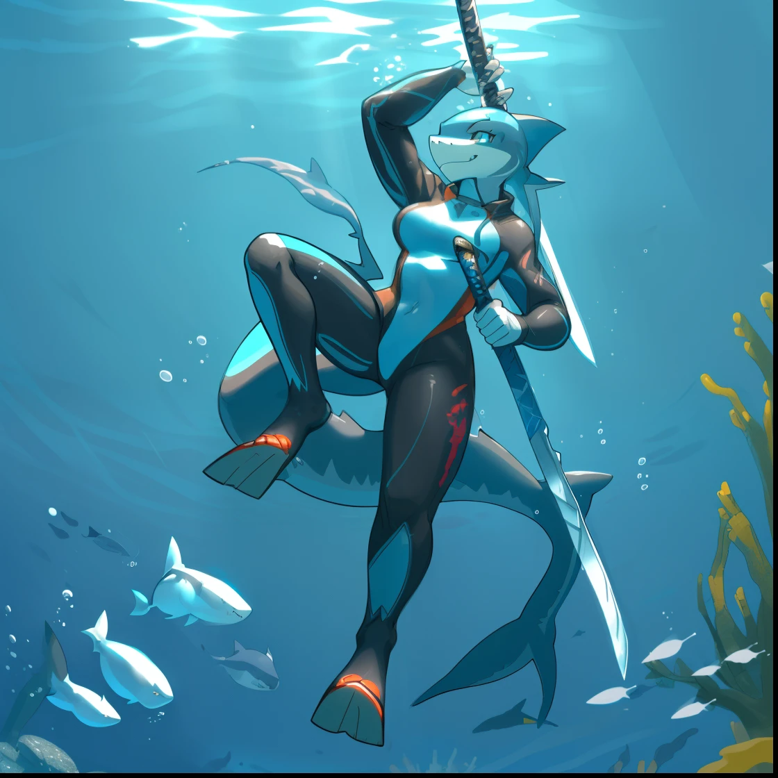 a drawing of a smiling female shark in a dive suit holding a sword, badass pose, swimming flippers, katana, anthro female, shark, aquatic, underwater, abserdres, hires, highly detailed