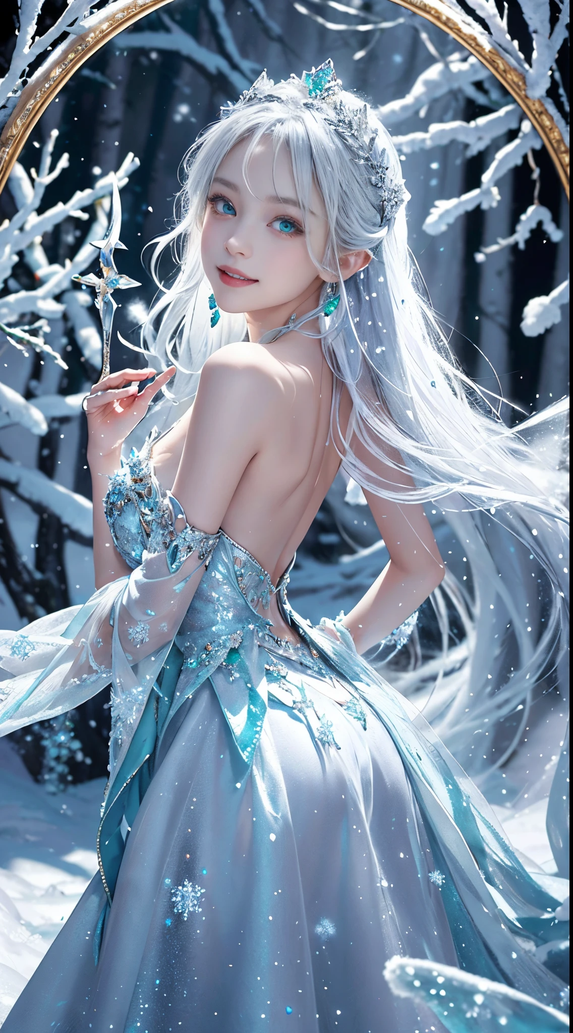 masterpiece, Best Quality, Ultra-detailed, 4K, Photorealistic:1.37, White snow, Princess, A landscape where snow is falling abundantly in the snowy, wilderness, with emerald-colored snowflakes twinkling in the air, pure princess, fairy tale stage, Magical atmosphere, storybook illustration, Mystical elements, Dark and light contrast, reflection, malice, magical forest creatures, sparkling stars, Mystical charm, (((Snowy landscape))), mirror shard, royal silver tiara, (Delicate snowflakes), Innocent beauty, mesmerizing eyes, Eerie sounding, Eerie silence, surreal compositions, (Dramatic Lighting), Fantasy Realm, Golden accent, Forbidden desires, Breathtaking details, Glass-like surface, magical transformation, cold stare, Undeservedly beautiful, Vibrant colors, Full body, Princess, 1 girl, , a baby face, w, I keep my hair up and short, ((A smile)), Off shoulder bare, Elegant gown, Detailed crystals and silver decorations, voluminous emerald dress, dynamic pose, Looking at the camera, back light,