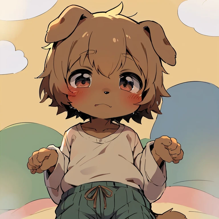 Kemono, furry, boy, dog_furry, short hair, shota, ???, child, pajama, brown_fur, masterpiece, high-quality, male, boy, dagasi