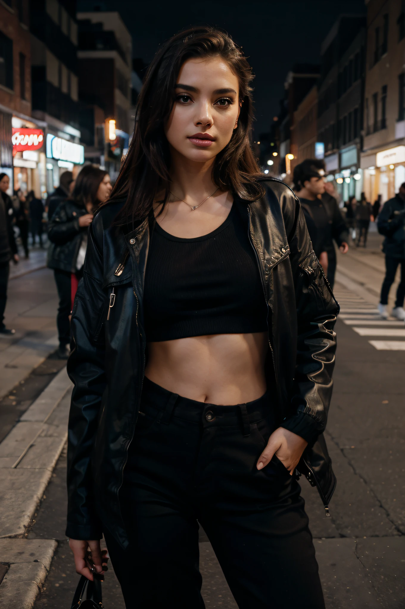 a beautiful woman wearing modern clothes,black jacket, dancing on the street,realistic, cinemathic,HD,fullHD