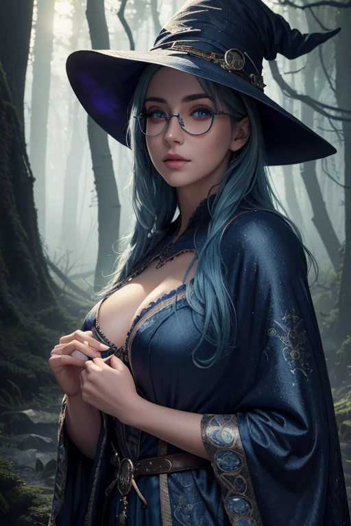 (best quality,highres,masterpiece:1.2),ultra-detailed,(realistic:1.37),(HDR),sexy,blue haired girl with glasses,beautiful detailed eyes,beautiful detailed lips,extremely detailed eyes and face,long eyelashes,witch hat and robe,fantasy landscape,enchanted forest,subtle magical aura,vibrant colors,soft lighting