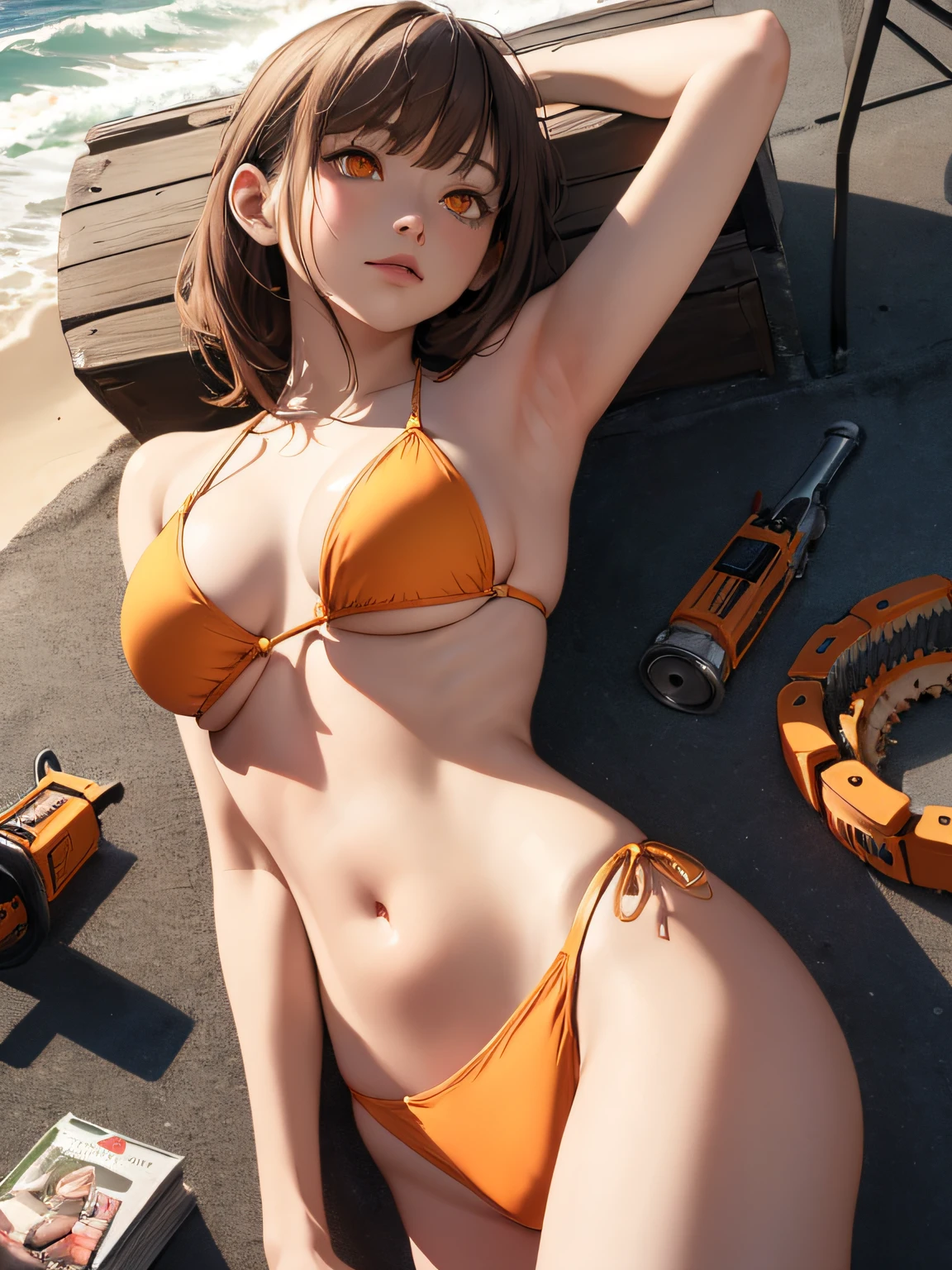 1girl, medium hair, orange eyes, 1girl, makima (chainsaw man), masterpiece, top quality, high resolution, chest, cowboy shot, outdoor, bikini, spread legs, , background, sea, HMN1, ocean, micro bikini, from behind, buckshot, , big breasts, from below, lying down