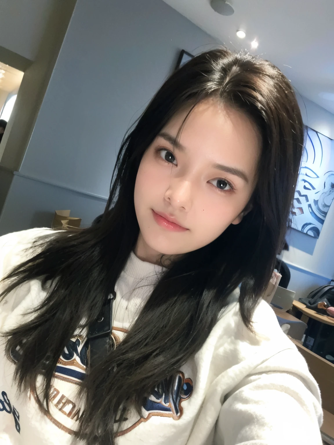 A photograph,((, need, 8K, tmasterpiece:1.3)), 1female,upper body photos,18yr old(photore:1.5),focal:1.2,Slim abs:1.1, ((dark brown hair )), micro-curly hair(White T-beam:1.2), ((sofe:1.3)), Highly Detailed Face and Skin Textur,