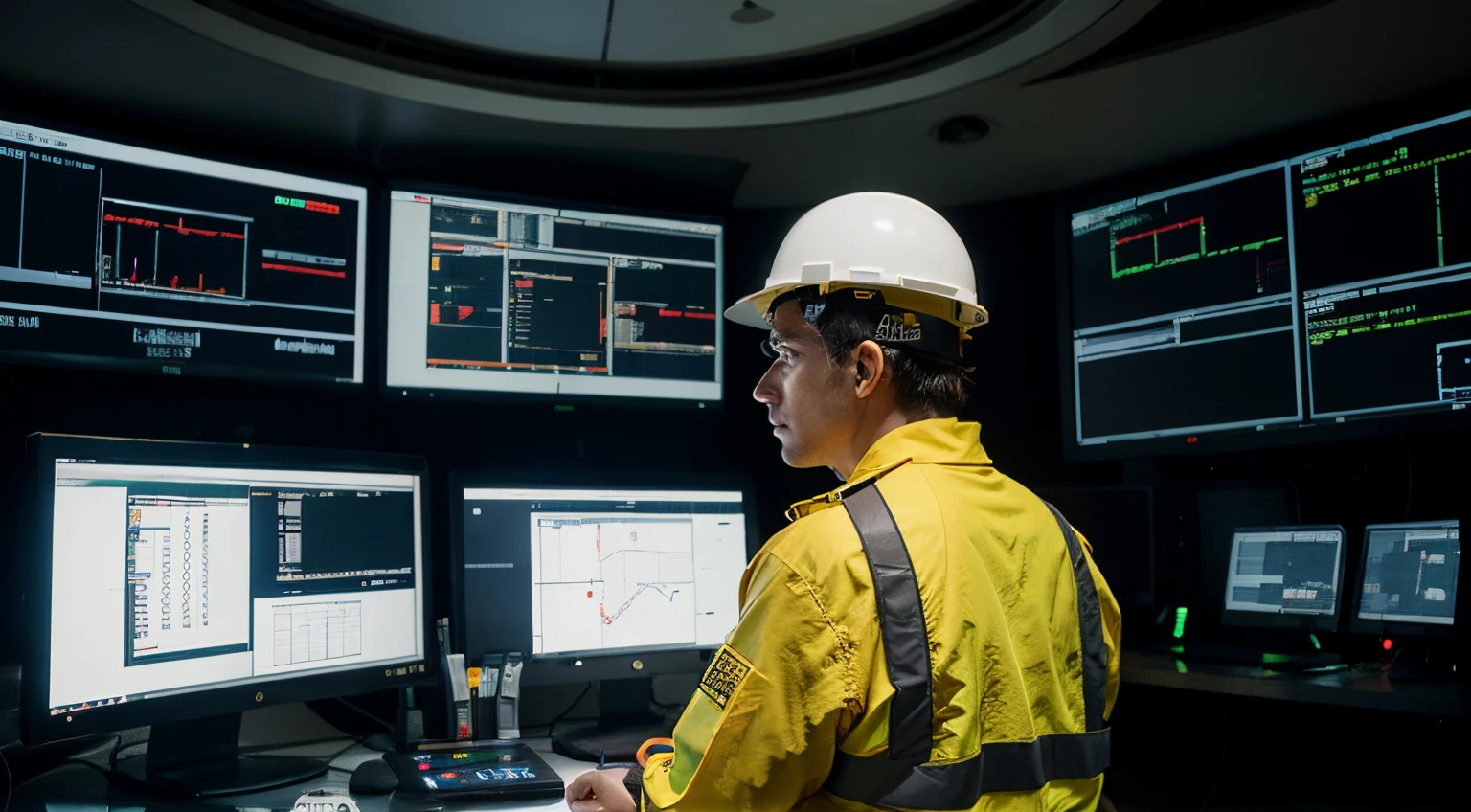 An engineer wearing illuminated safety jacket and white hard hat  in the SCADA control room with multiple digital screens for BESS plant. on the screen SCADA systems with various colour signals visible. Engineer  looking at the screen.