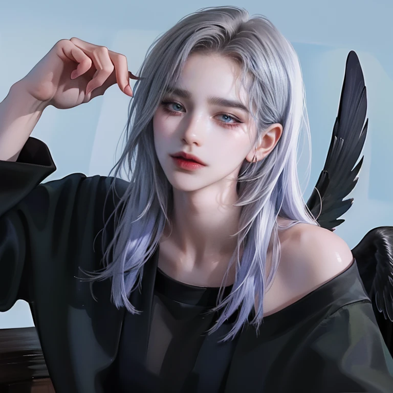 ((4K Portfolio))、master-piece、（最高品質)、((High image quality))、((One pretty girl))、Slim body、((Black long sleeve shirt))、(detailed beautiful eyes)、Crow on the magic city background、((The face resembles Chaewon in Ruseraphim.))、((Shoulder-length hair))、((Bright silver hair))、((Smaller faces))、((Neutral face))、((Light Blue Eyes))、((Korean women))、((20 age))、((Wild Lady))、((Looks wild.))、((Show your pair of teeth and smile.))、((Korean makeup with black eyeshadow))、((The eyes are long and sharp.))、((Shoot alone.))、((Fallen Angels))、((female fallen angel))、Photo of a fallen angel、villain、((Amazing shots.))、Take pictures so that the entire body can be seen.、horror、((There is a crow on the right shoulder.))、Dark evidence、((Shoot diagonally from the side.))