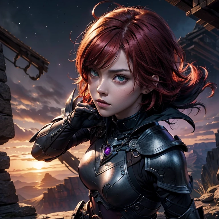 master piece, 8k, ultra detailed, anime, girl, short hair, red hair, green eyes, serious and courageous face, black obsidian armor with purple sapphire jewels, punching position, Gran Canyon scenario.