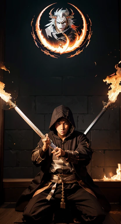 Generate a Bankai name inspired by the concept of a dragon deity ruling over a domain of immense power and authority, embodying the essence of 'Ryūjin no Tenka'." And the  boy in a hoodie with flaming Katana and the image  2d
