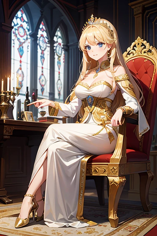 A jewel encrusted throne of power, inside a castle in the background, Masterpiece, The best quality, Very detailed