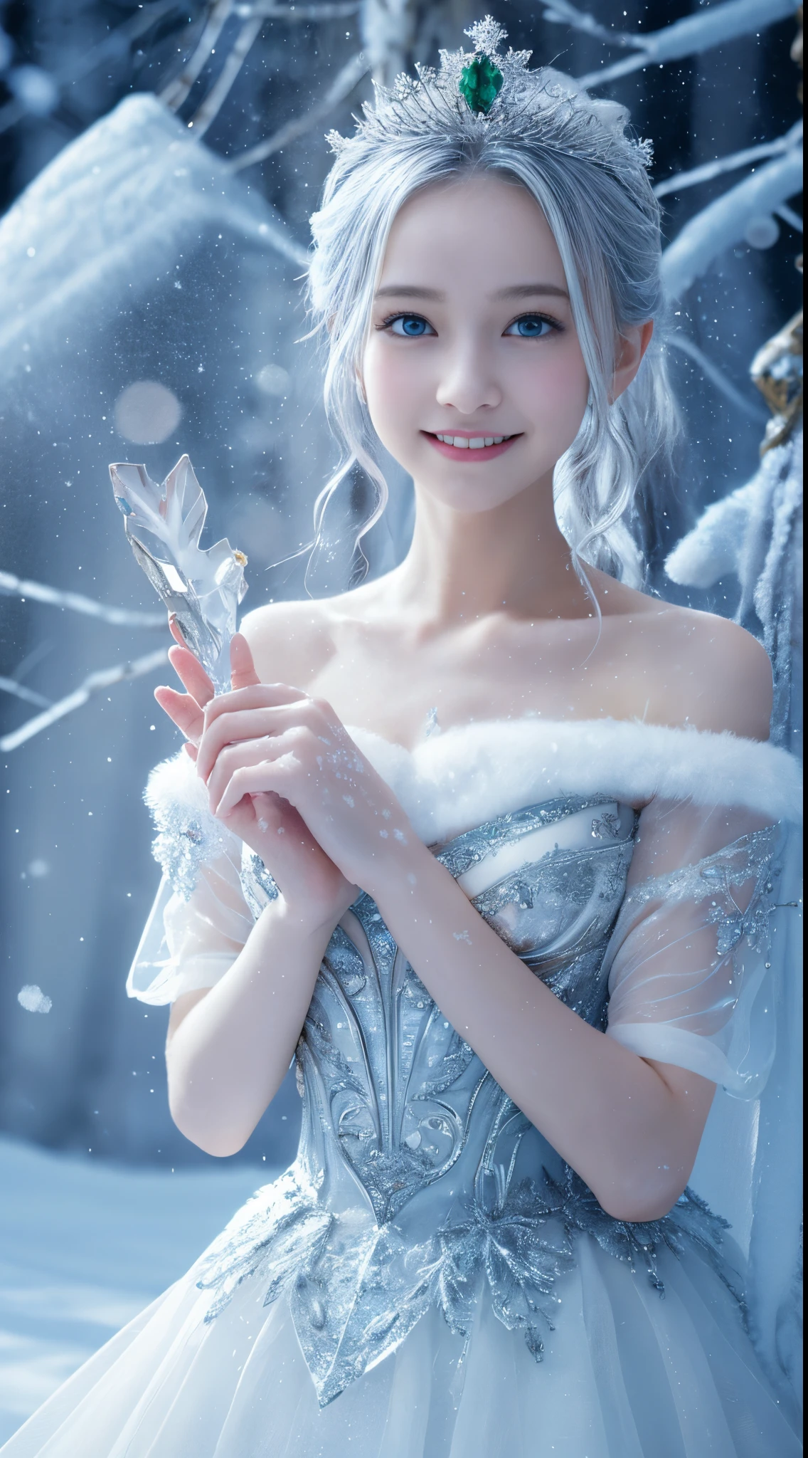 Best Quality, Ultra-detailed, Realistic:1.37, White snow, Princess, A landscape where snow is falling abundantly in the snowy, wilderness, with emerald-colored snowflakes twinkling in the air, pure princess, fairy tale stage, Magical atmosphere, storybook illustration, Mystical elements, Dark and light contrast, reflection, malice, magical forest creatures, sparkling stars, Mystical charm, (((Snowy landscape))), mirror shard, royal silver tiara, (Delicate snowflakes), Innocent beauty, mesmerizing eyes, Eerie sounding, Eerie silence, surreal compositions, (Dramatic Lighting), Fantasy Realm, Golden accent, Forbidden desires, Breathtaking details, Glass-like surface, magical transformation, cold stare, Undeservedly beautiful, Vibrant colors, Full body, Princess, , childish, white hair, ((le)), Off shoulder bare, Elegant gown, Detailed crystals and silver decorations, voluminous short skirt, I keep my hair up and short, Looking at the camera,