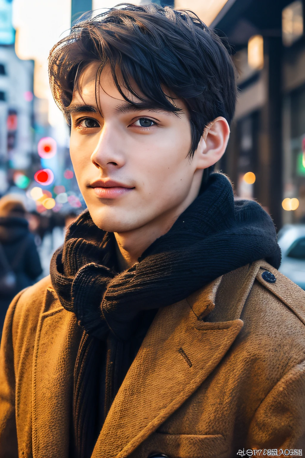 Photorealsitic, 8K full body portrait, a handsome, An 18-year-old man, A charming expression, detailed face details, TOKYOcty, Winters, Shibuya in the background
