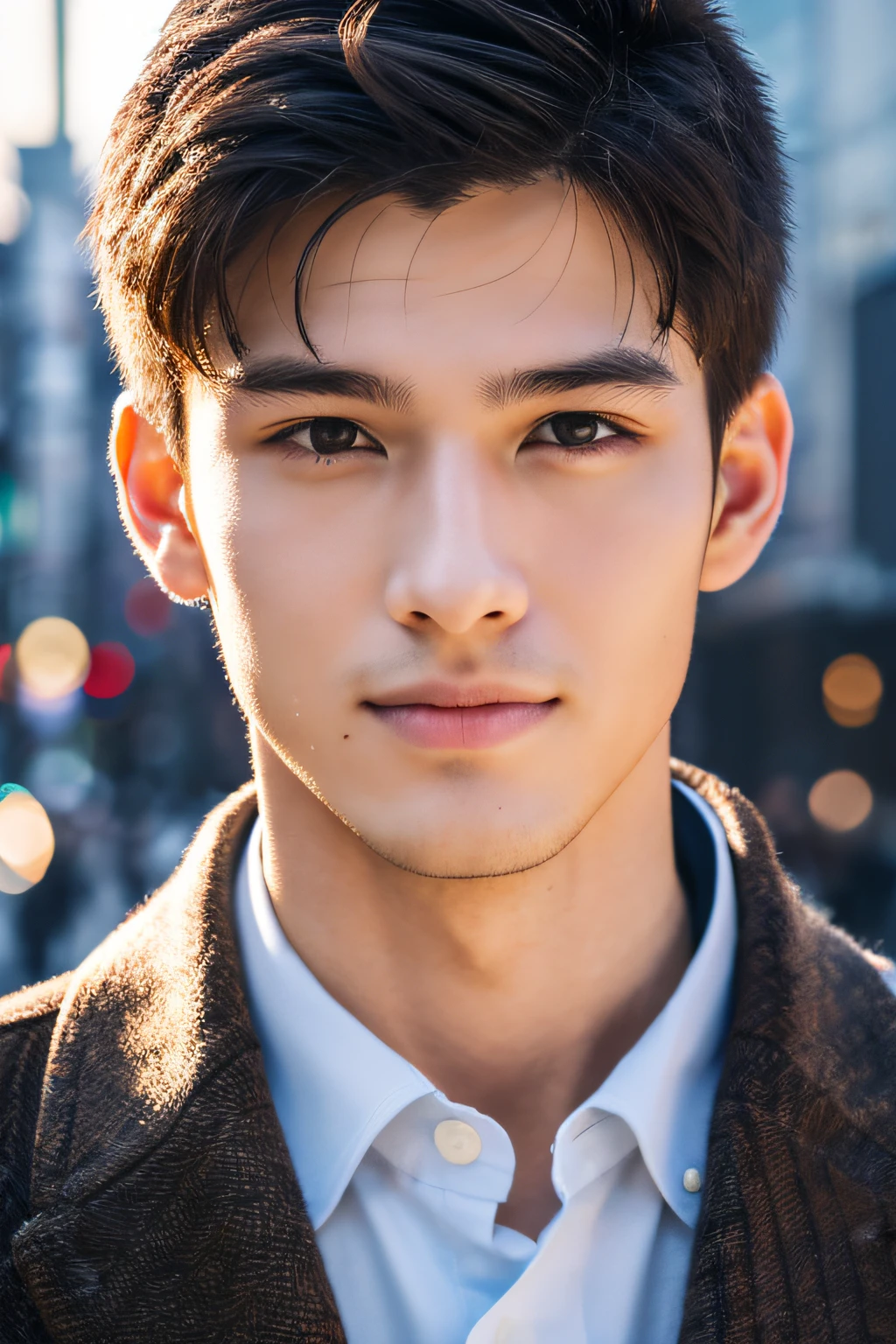 Photorealsitic, 8K full body portrait, a handsome, An 18-year-old man, A charming expression, detailed face details, TOKYOcty, Winters, Shibuya in the background