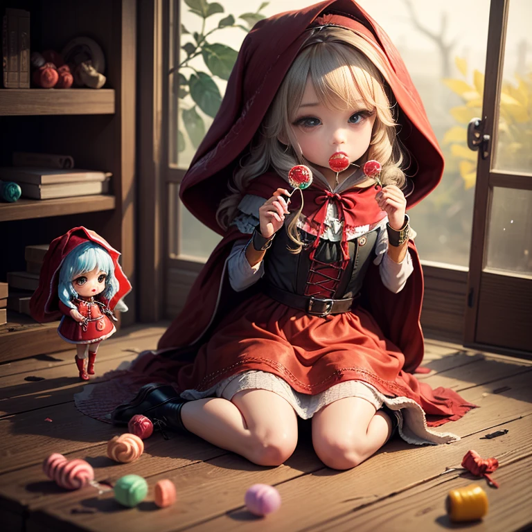 master-piece、最高品質、ultra-detail、(Chibi Shara:1.3)、(Little Red Riding Hood:1.5),(horror lollipop candy:1.3)、Esbian Full Body、Skeleton、Skeleton、squash、finished in camera