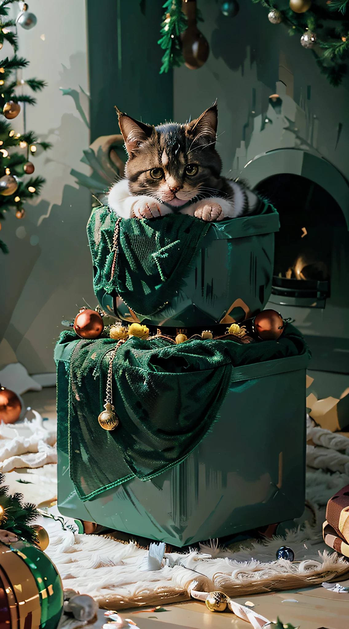 cute baby cat, cat sitting on a packed gift and looking at a Christmas tree decorated with Christmas balls, tinsel and garlands, night, fairy light garlands, holiday, hyperrealism, high detail, complex details, colorful, 8K