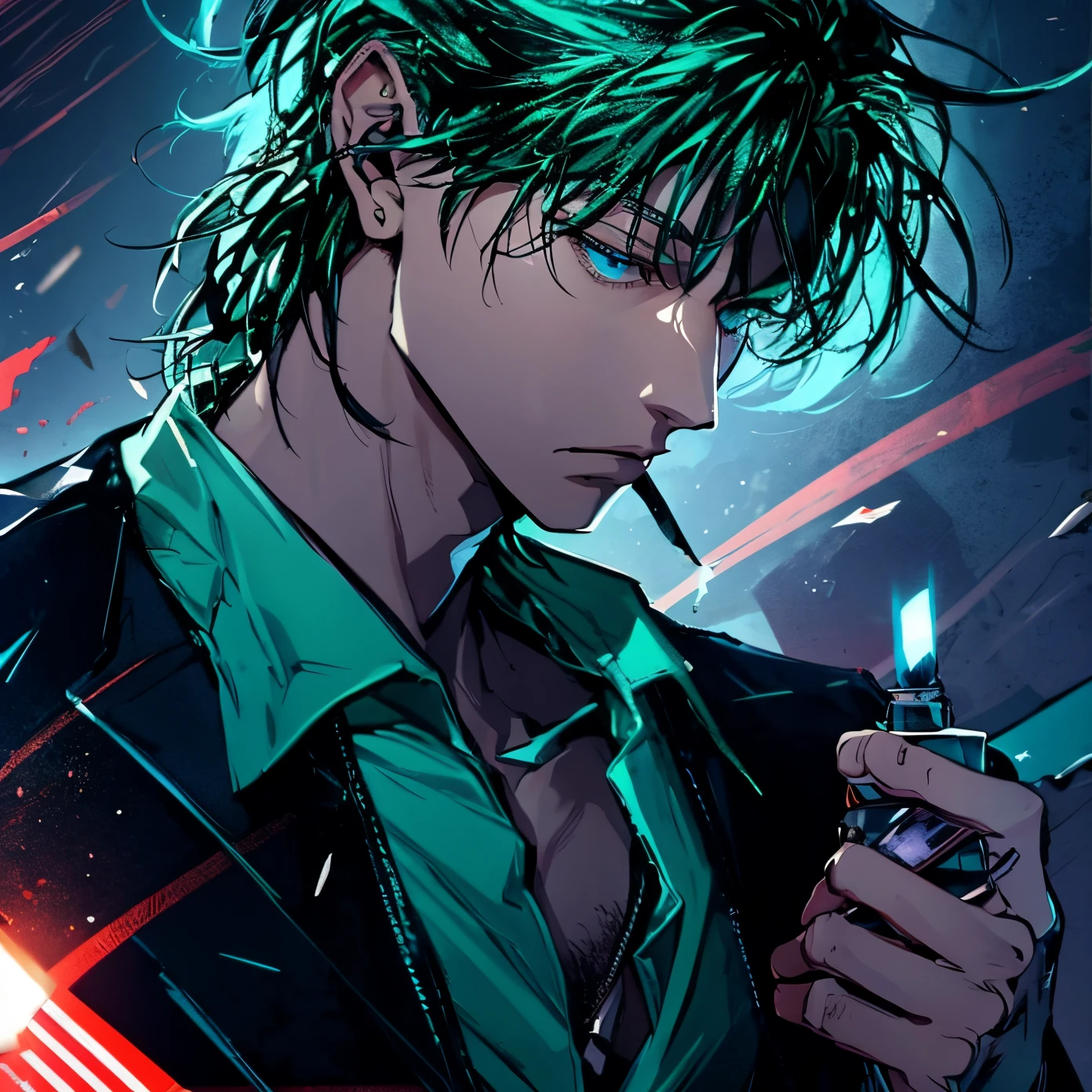 1man, handsome, mid 20s, long green hair, blue eyes, wearing combat suit, masterpiece, 4k, top quality, highly detailed, official art