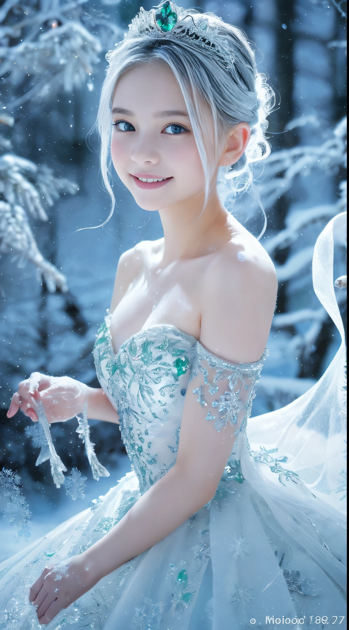 Best Quality, Ultra-detailed, Realistic:1.37, White snow, Princess, A landscape where snow is falling abundantly in the snowy, wilderness, with emerald-colored snowflakes twinkling in the air, pure princess, fairy tale stage, Magical atmosphere, storybook illustration, Mystical elements, Dark and light contrast, reflection, malice, magical forest creatures, sparkling stars, Mystical charm, (((Snowy landscape))), mirror shard, royal silver tiara, (Delicate snowflakes), Innocent beauty, mesmerizing eyes, Eerie sounding, Eerie silence, surreal compositions, (Dramatic Lighting), Fantasy Realm, Golden accent, Forbidden desires, Breathtaking details, Glass-like surface, magical transformation, cold stare, Undeservedly beautiful, Vibrant colors, Full body, Princess, 1 girl, 16 years old, a baby face, white hair, I keep my hair up and short, ((A smile)), Off shoulder bare, Elegant gown, Detailed crystals and silver decorations, voluminous emerald dress, dynamic pose, Looking at the camera, back light,