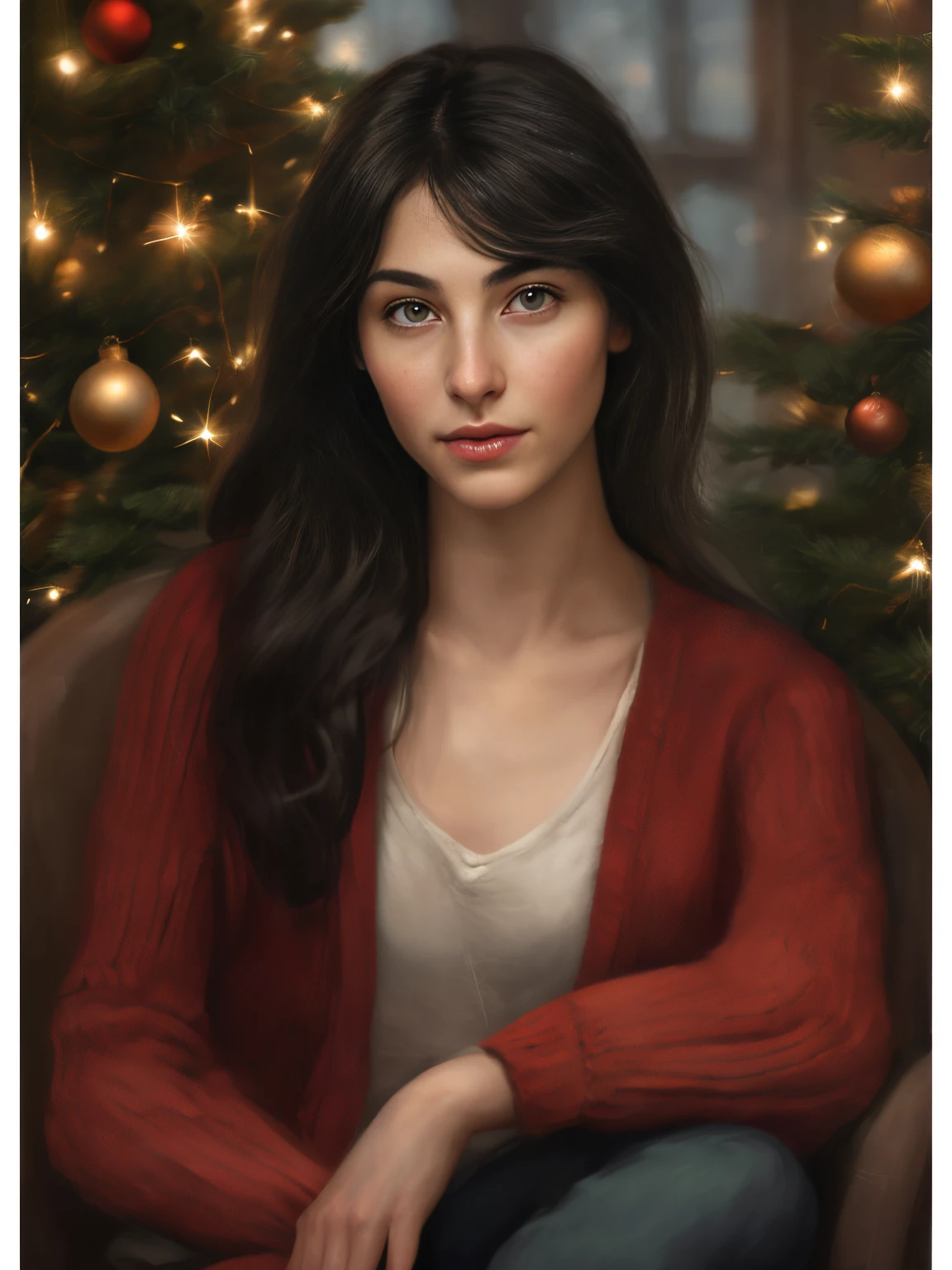 真实感, a painting, fantasy tale, Christmas style, John Tolkien style, Small painting by Jean-Baptiste Monge, Soft facial features, Rocker Girl, Regular, sitting in a chair with flowing straight black hair near the Christmas tree, Soft facial features, Wearing trousers, Wearing a printed sweatshirt, With light makeup, dark pink lips, lip shape"pearlescent" ,"straight, slightly arched eyebrows, Cyan eyes, heavy-lidded eye shape, Human Hand, Very clear, Without flaws, five fingers, black long straight hair, In a short sweatshirt with a print, in black trousers,mischievous character, Christmas tree, Gifts, Jean-Baptiste Monge, anthropomorphic --ar 2:3 --testp -optimistic;