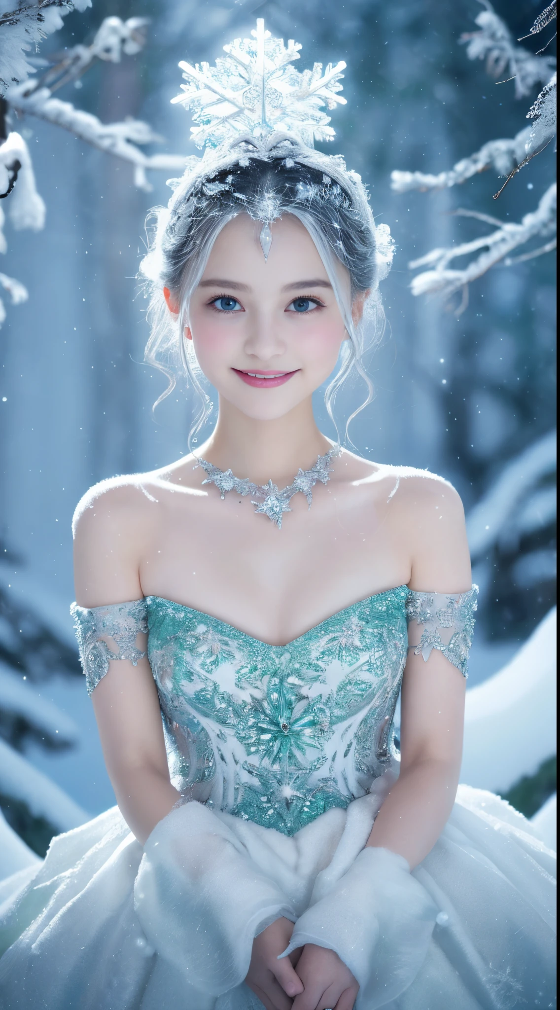 Best Quality, Ultra-detailed, Realistic:1.37, White snow, Princess, A landscape where snow is falling abundantly in the snowy, wilderness, with emerald-colored snowflakes twinkling in the air, pure princess, fairy tale stage, Magical atmosphere, storybook illustration, Mystical elements, Dark and light contrast, reflection, malice, magical forest creatures, sparkling stars, Mystical charm, (((Snowy landscape))), mirror shard, royal silver tiara, (Delicate snowflakes), Innocent beauty, mesmerizing eyes, Eerie sounding, Eerie silence, surreal compositions, (Dramatic Lighting), Fantasy Realm, Golden accent, Forbidden desires, Breathtaking details, Glass-like surface, magical transformation, cold stare, Undeservedly beautiful, Vibrant colors, Full body, Princess, 1 girl, , a baby face, w, I keep my hair up and short, ((A smile)), Off shoulder bare, Elegant gown, Detailed crystals and silver decorations, voluminous emerald dress, Shot from directly above, Looking at the camera,