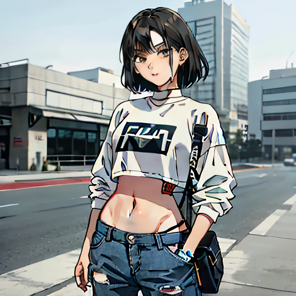 Fide woman wearing white shirt and jeans posing for photo, ripped cropped T-shirt, Korean fashion model, She was seen wearing street clothes, wearing a crop top, photo of slim girl model, Woman in streetwear, Korean girls, Crop top, casual clothing style, jinyoung shin, Cute casual streetwear, Roseanne Park by blackpink, blackpink jennie