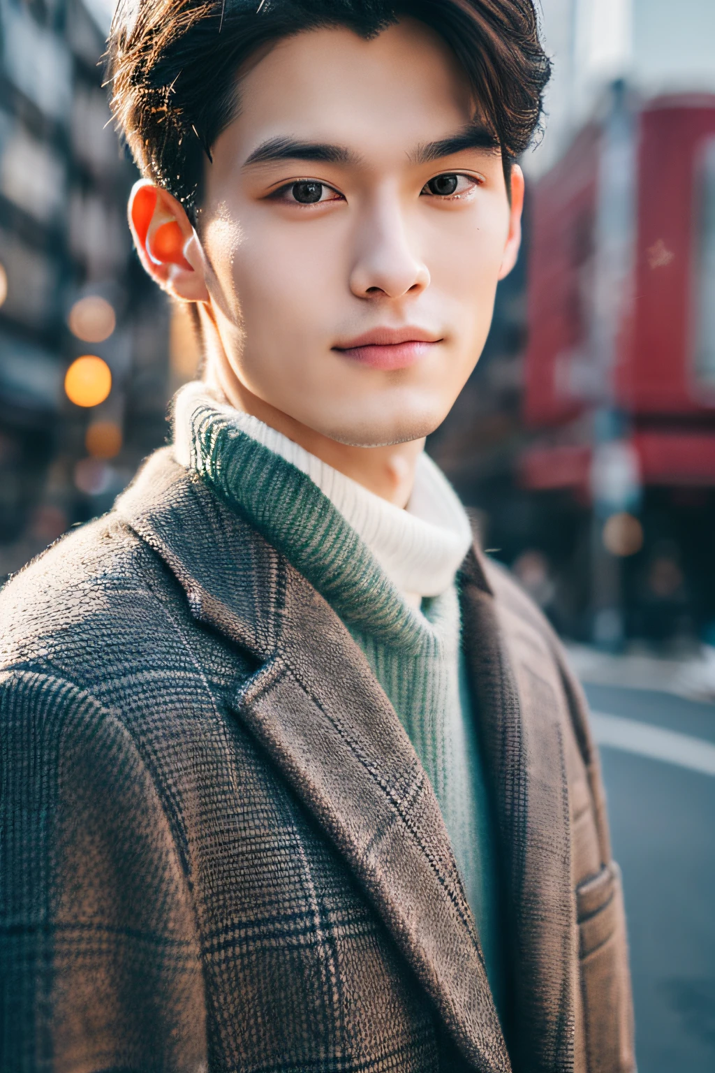 Photorealsitic, 8K full body portrait, a handsome, 20-year-old man, A charming expression, detailed face details, TOKYOcty, Winters, Shibuya in the background