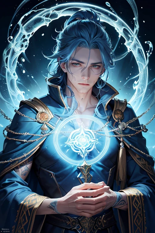handsome,blue haired mage man,handsome detailed face,detailed jawline,piercing blue eyes,flowing blue hair,wavy hairstyle,magic tattoo on his arm,wearing a flowing blue cloak and a wizard hat,holding a staff with a water crystal on top,water flowing around him in intricate patterns,casting spells with elegant hand gestures,sparkling water droplets suspended in the air,glowing water orbs floating around him,serene expression on his face,mysterious atmosphere,beautifully painted illustrations,(best quality,4k,8k,highres,masterpiece:1.2),ultra-detailed,(realistic,photorealistic,photo-realistic:1.37),fantasy,concept artists,cool color tones,magical lighting