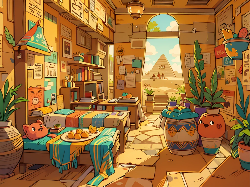 cartoony, stylized, egypt interior, bright color, sunny day, multiple of desert, sand
