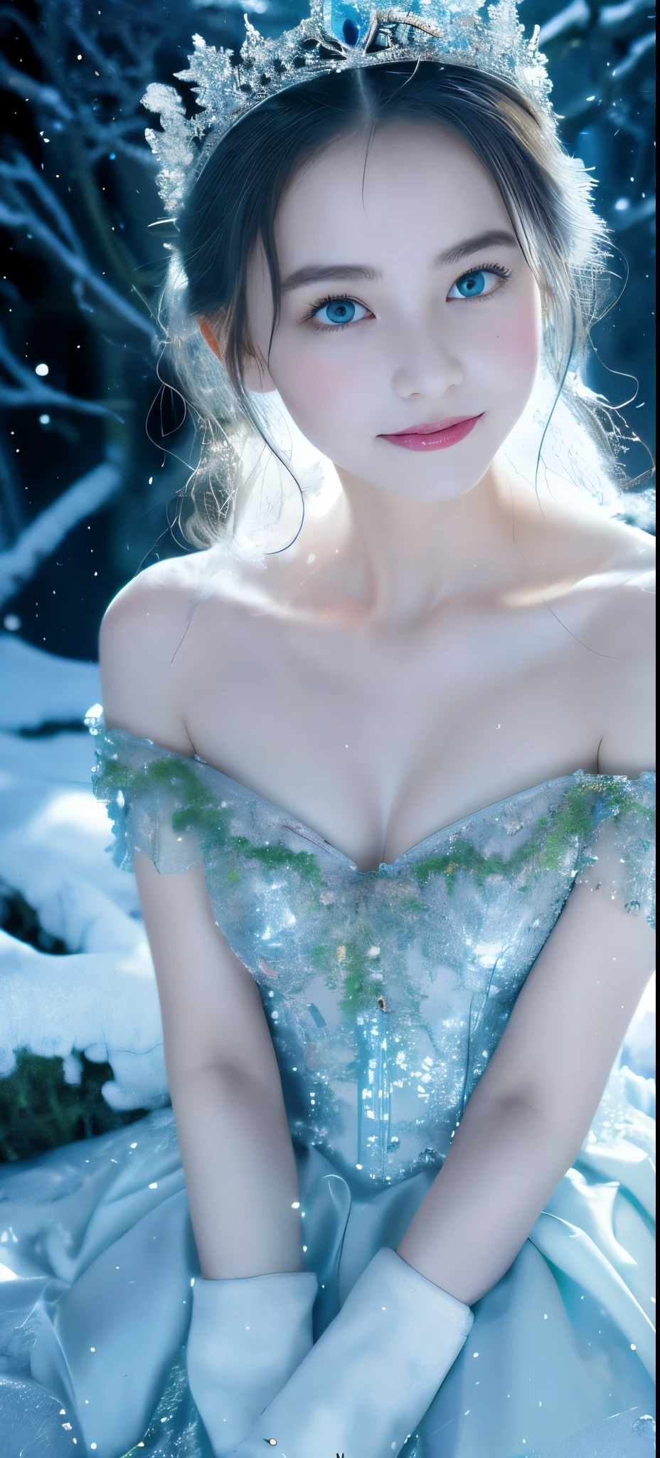 Best Quality,Ultra-detailed,Realistic:1.37,White snow,queen,lush green forest,Sparkling magic mirror,magic apple,pure princess,fairy tale stage:,Magical atmosphere,storybook illustration,Mystical elements,Dark and light contrast,Elegant gown,Princess,reflection,malice,magical forest creatures,sparkling stars,Mystical charm,Snowy landscape,mirror shard,royal crown,Delicate snowflakes,Innocent beauty,mesmerizing eyes,Poison apple,Eerie sounding,Eerie silence,surreal compositions,Dramatic Lighting,Fantasy Realm,enchanted castle,Golden accent,Forbidden desires,Apple tree,Breathtaking details,Glass-like surface,magical transformation,A queen'cold stare,Undeservedly beautiful,Vibrant colors、Little girl、a baby face、childish、Off shoulder dress、A smile、voluminous long skirt、I keep my hair up and short、Shot from directly above、Looking at the camera