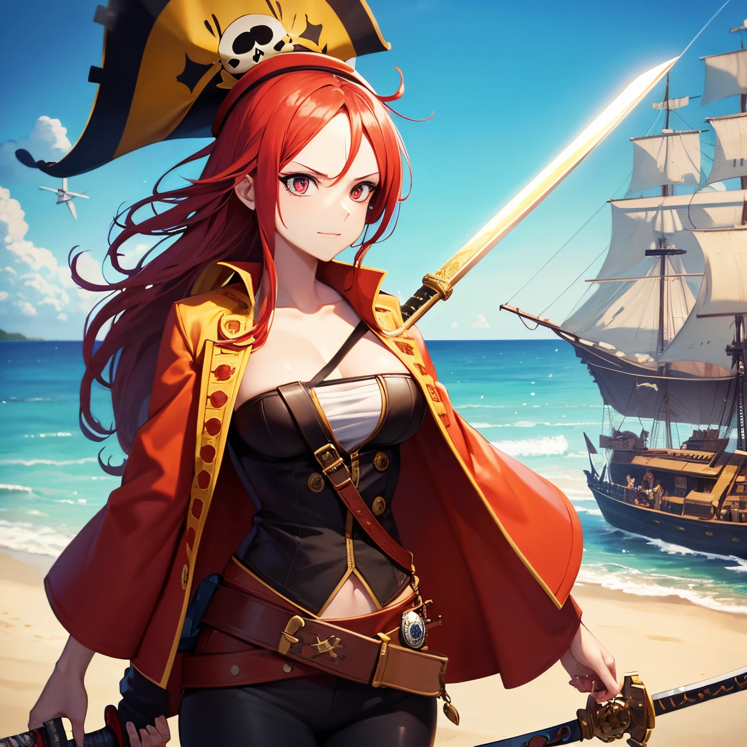 ((((pirate女帝 Skull Island swordを持つ)))) (((Skull pattern pirate Large Breasts))) ((Boat Orange Hair blue eyes)) ((necklace sword)) (noon Boatの上 sun cloud) Catch the wind Shining Background Light